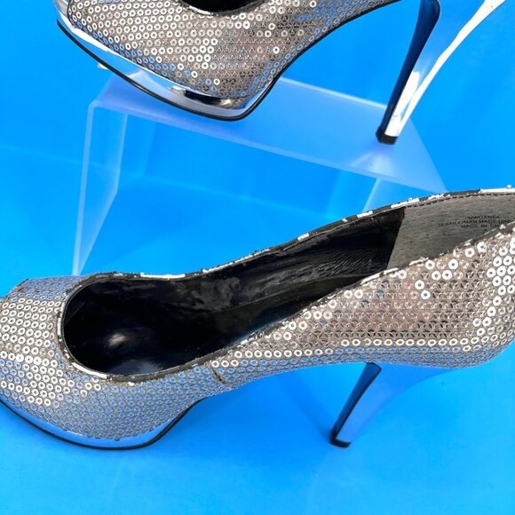 NWT NINE WEST METALLIC SILVER HEEL SEQUIN OPEN TOE HEELS - 7 - Picture 8 of 16